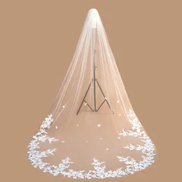 Eleganckie 3 metry Soft Tulle Katedra Długi Welon Ślubny z Grzebień Dwie warstwy Białe Koronki Ivory Evels Veils Veue Veu de Noiva X0726