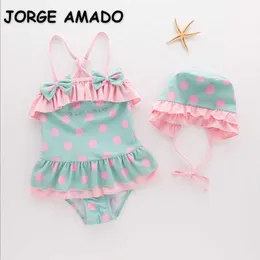 Summer Girls 3 Piece Sets Swimsuits Green Pink Dots Bow Swimwear Spring Small Fresh Sling Swim Wear E1018 210610