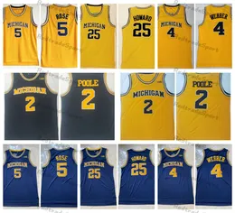 2021 Michigan Wolverines College Basketball Jerseys 2 Jodan Poole 5 Jalen Rose 4 Chris Webber 25 Juwan Howard Vintage Yellow Szygowane koszule