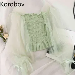 Korobov Koreanische Feste Mesh Langarm Sexy Frauen Blusen Neue Ankunft Slash Hals Weibliche Shirts Elegante Mujer Blusas 210430
