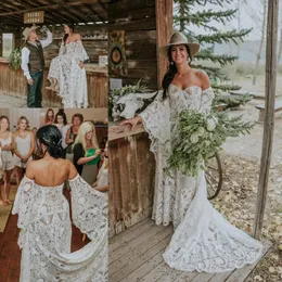 Epic Canadian Country Farm Vestidos de noiva 2022 Vintage Crochet Lace Hippie Bohemian Bell Manga Longa Vestidos de noiva Robe de Mariee