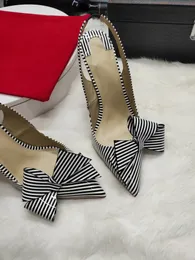 Designer-Designer Fashion Women Shoes Stripe Bow Slingback Point Toe Stiletto Heel Heel Heels Pumps Bride Wedding Buty Marka