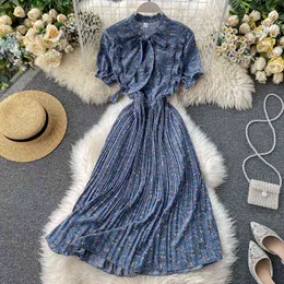 2022 Bow Vintage Ruffles Floral Print Dress Summer Party Midi Długa Sukienka Szyfon Kobiety Wysoka Talia Plisowane Plaża Eleganckie sukienki Y220413