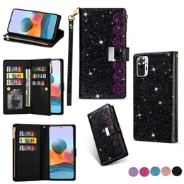 Bling Leder Multifunktions-Reißverschluss-Geldbörse Flip Cases 9 Kartenfächer Handschlaufe für Google Pixel 6A 6 7 Pro RedMi 9A 9C Note 8 9 11 POCO X3 M3 F3 X4 F4 C40 XiaoMi 11 12 12S 12X