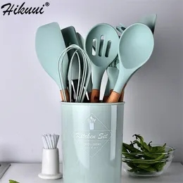 Лучшие 9 цветов кухонная кулинарная посуда Set Silicone деревянная ручка Spoon Turner Wewk с хранением держателя посуды 12 шт.