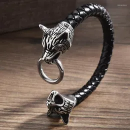 Beaded Strands High Quality Black Leather Armband Men's Rock Metal Wolf Fashion Party Jewelry Gift INTE22