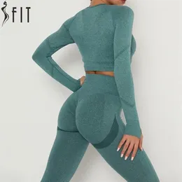 SFIT Women Tracksuit Seamless Yoga Set Workout Sportswear Roupas Fitness Manga Longa Crop Top Alto Cintura Leggings Sports Sets 220330