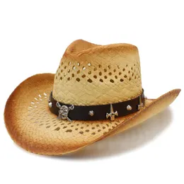 Berets Fashion Men Western Cowboy Hat With Leather Pirate Band For Dad Straw Beach Sun Sombrero Size 58CMBerets