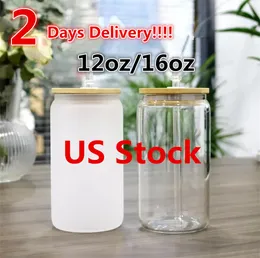 2 Days Delivery 12oz Sublimation Glass Beer Tumblers with Bamboo Lid Straw DIY Frosted Clear Drinking Utensil Coffee Mugs Beer Juice Cold Cups US Stock