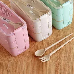 Bärbar Lunchkasse 3 Gridvete Halm Bento Transparent Cover Food Container Arbeta Travel Studentr Lager Partihandel 240pcs DAP457