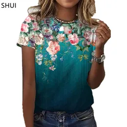 Baru Kaus print pola bunga mawar wanita modis musim panas lengan pendek kasual ukuran плюс 3d cetak mawar 220613
