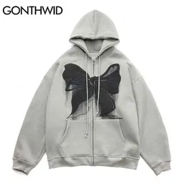 Hip Hop Zip Up kapüşonlu ceket sokak kıyafetleri kapşonlu sweatshirt bowknot baskı fermuarlı polar ceket erkekler harajuku kış pamuk pembe siyah t220816