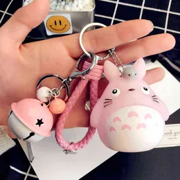 Cartoon Totoro Doll Key Chain Creative Couple Lovely Bell Leather Rope Bag Pendant Gift G220421