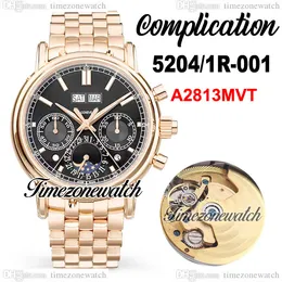 Neue Grand Complication 5204/1R-001 A2813 Automatische Herrenuhr Mondphase 5204 Schwarzes Zifferblatt Stick Marker Roségoldgehäuse Stahlarmband Uhren TWPP Timezonewatch