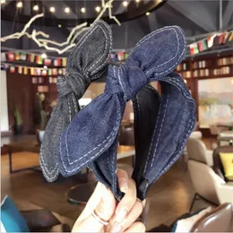 Moda saç aksesuarları kadın denim yay kafa bantları yan tavşan kulakları düğümlü saç bandı vahşi kız sevimli yüz yıkama saç çember şapkası