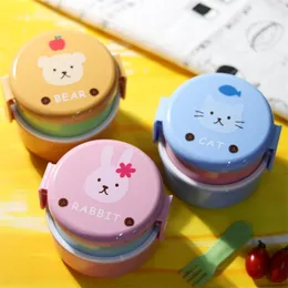 Söt djur japanska dublelayer runda mini bento barns fruktsnack Microwave Kids Lunch Box 540ml 220727