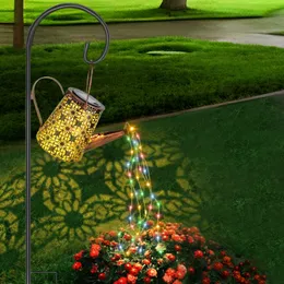 Solar Waterfall RGB Warm White Law Lamps Garden Decorations Outdoor Watering Can with Cascading Lights Hanging Waterproof Garden Decor for Outside Suitable
