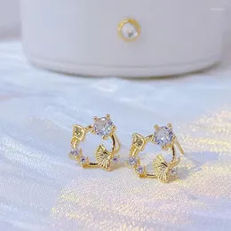 Stud Kore Minimalist 14K Gerçek Altın Küpeler Mikro Bling Zirkon Kulak Sevimli Ginkgo Lady için Yapraklar All-Match Enfes Mewelrystudstud Dale22