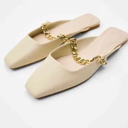 Slippers Beach Slides Women New French Style Metal Chain Baotou Sandal Flat Shoes Gently Wear Muller Half Mop Outside Flip Flops 220523