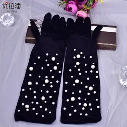 Festlig svart satin pärlor handskar barock brud långa och korta pealrs pärlkläde handskar bröllop smycken tillbehör