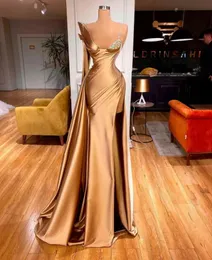 2022 Gold Satin Evening Dresses For Women Beaded High Split Mermaid Prom Party Gowns Long Wrap Formal Robe De Soirée PRO232