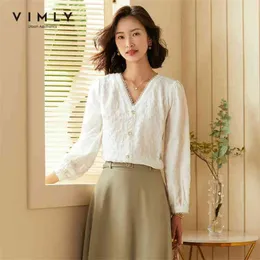 Vimly Womens Blouse Fashion v Neck Solid Bottons Puff Sleeve Autumn Clotes Office Lady Pullovers女性シフォンシャツF2168 210401