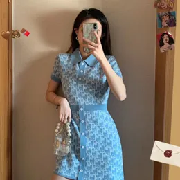 Поло воротника юбки корейский печатный платье элегантная синяя женщина 2022 Новая женщина летняя темперамент Тонкая универсальная талия закрывает