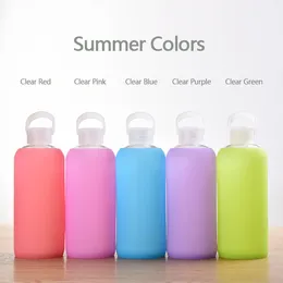 Five colors 16oz Glass Water Bottles Glass Beautiful Gift Women with Protective Silicon Case Tour Camp Cup Tumblercan be customized color pattern