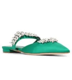 Luxe designer Lurum Sandalen schoenen voor vrouwen Satijnen kristal-verrijkte slippers Flats gestapelde hiel puntige teen dame muilezels feestje trouwjurk