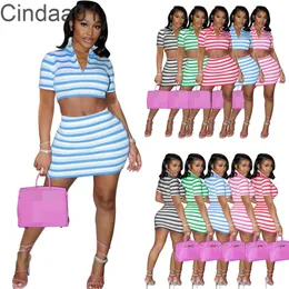 디자이너 여성 의류 패션 스트라이프 2 피스 드레스 양복 스탠드 칼라 짧은 소매 및 스커트 세트 레저 탄성 복장