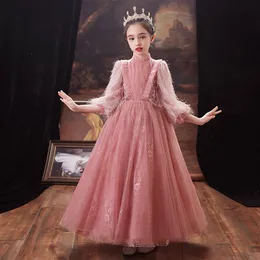 Mädchenkleider Rosa Blumenmädchenkleid für Hochzeit Tüll Spitze Lang Elegant O-Ausschnitt Ärmel Prinzessin Kinder BallkleiderMädchen