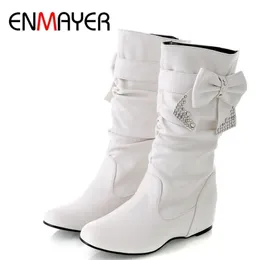 ENMAYER New Women Spring and Autumn Bowtie Charms Flats Boots Shoes Woman Midcalf 4 Colors White Shoes Boots Large Size 3447 Y200114