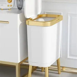 15L Largecapacity Golden Luxury Trash Can For Kitchen Badrum Creative Highfoot Pushtype Plastic Warbage Bin med lock 220618