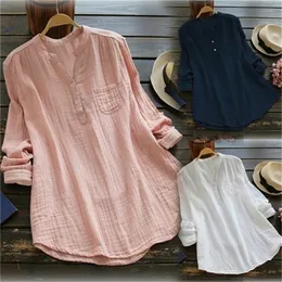 Женщины плюс размер Blouse Summer Solid V -шея блузки свободные мешковатые топы тунические рубашки женская пуговица с длинным рукавом Blusas Mujer 220812