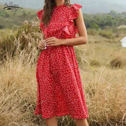Élégant été en mousseline de soie robe femmes imprimé fleuri à volants robe trapèze décontracté vêtements ajustés aux genoux robe rouge pour les femmes 20968 G220510