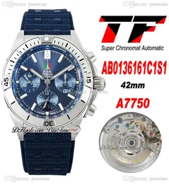 TF B01 ETA A7750 Automatic Chronograph Mens Watch Steel Case Silver Blue Dial White Stick Markers Rubber Strap AB0136251B2S1 Super Edition Puretime 01b2