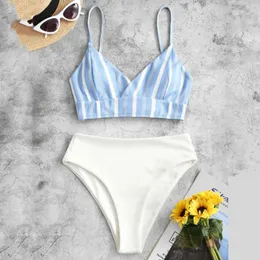 Женские купальные костюмы синие полосатые бикини настаивают на высокой высокой талии, сексуальные две купальные купальники женщины для купания пляжа лето 202222women's
