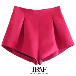 TRAF Women Chic Fashion Front Pleated Bermuda Shorts Vintage High Waist Back Zipper Female Short Pants Mujer 220419