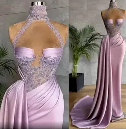 2022 New Sexy Aso Ebi Arabic Prom Dresses Plus Size Lilac Lace Beaded Sheath Evening Dresses High Neck Pleats Second Reception Gowns Custom Made C0621x03
