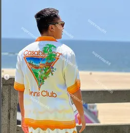 Erkekler Sıradan Kazablanka 23SS Tasarımcı Gömlekleri Beyaz Turuncu Kaktüs Tenis Mahkemesi Erkek ve Kadın Hawai Kısa Kollu Gömlek Kazablan düğmesi UP Setler