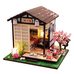 DIY Houten Casa Japanse Poppenhuis Kit Gemonteerd Miniatuur Meubels Licht Poppenhuis met Kersenbloesems Speelgoed voor Volwassen Geschenken AA220325