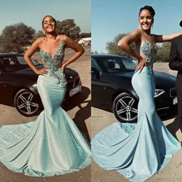 2022 Afryki Klejnot Bez Rękawów Sheer Aplikacje Mermaid Prom Dresses Style Afryki Kryształ Backless Sweep Pociąg Suknie Wieczorne