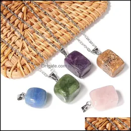 Konst och hantverk kubik Square Healing Crystal Natural Stone Pendant Charms Green Pink Opal rostfritt stålkedja NEC Sports2010 DHXT1