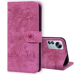 Styish Sakura Flower Leather Wallet Falls för Xiaomi 12 Pro 11 Lite Poco F4 X4 M4 GT X3 M3 Redmi Note 11 Retro Print Cherry Cat Holder Flip Cover Card Slot Kickstand Pouch