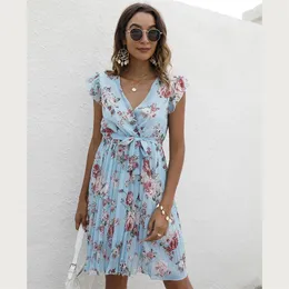 Chic Floral Bedrucktes Kleid Frauen Elegante Sommer V-ausschnitt Chiffon Midi Kleider Weibliche A-Line Sommerkleid Urlaub Partei Vestidos 220514