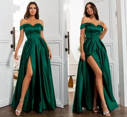 Sexy Elegant Dark Green A Line Evening Dress Long Satin Buttons Floor LEngth Prom Dresses High Side Split Formal Party Gowns robe de soiree Custom Made