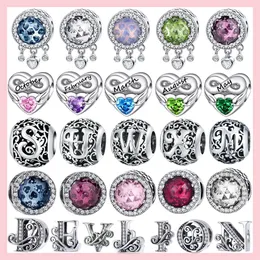 Birthstone 925 Silver Charms Alphabet 26 خطاب جولة حبات البلورة تناسب سوار Pandora