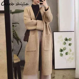 SHIJIA Khaki Long Knitted Cardigan Woman Pocket Fall 2021 Long Sleeve Korean Wool Sweater Cardigans Female Gray Knit Coat T220714