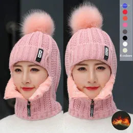 Beanie/Skull Caps Women Wool Knitted Hat Ski Sets Female Windproof Winter Outdoor Thick Siamese Scarf Collar Warm Pompoms Cap Beanie Hats Da