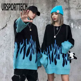 URSPORTTECH Blue Flame Men's Sweater Women 2020 Winter Knitted Sweaters Pullover Knitwear Sweater for Men Hip Hop Street Wear T220730